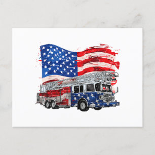 Retro Fire Truck Firefighter Fireman USA Flag 4th Holiday Postcard