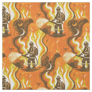 Retro Firefighter and Flames in Orange and yellow Fabric