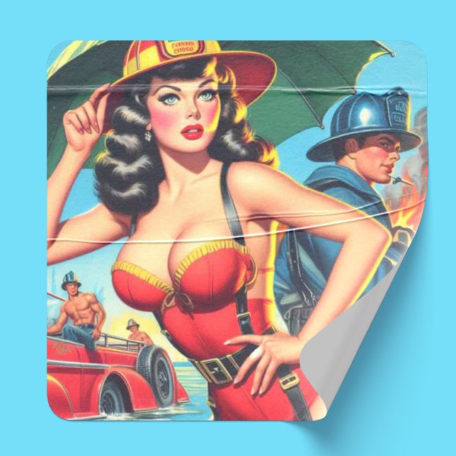 Retro Firefighter Girl Square Sticker (Creator Uploaded)