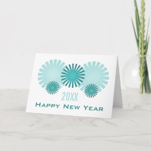 Retro Fireworks New Year's Card, Teal Holiday Card
