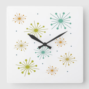 Retro Fireworks Starbursts Colourful Mid-century Square Wall Clock