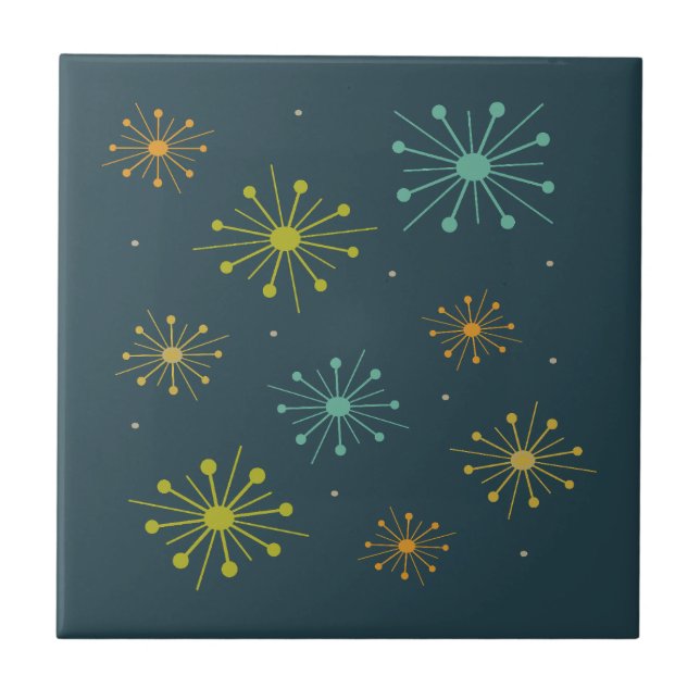 Retro Fireworks Starbursts Dark Blue Mid-century Tile (Front)