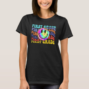 Retro First Grade Happy Face Leopard Teacher Back T-Shirt