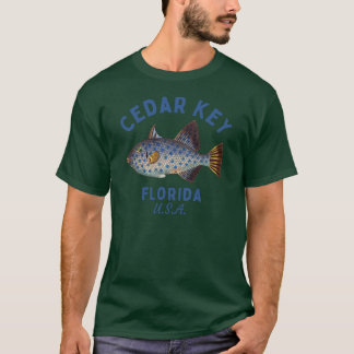 Retro Fish Cedar Key Florida Navy Text Island Beac T-Shirt
