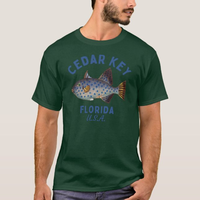 Retro Fish Cedar Key Florida Navy Text Island Beac T-Shirt (Front)