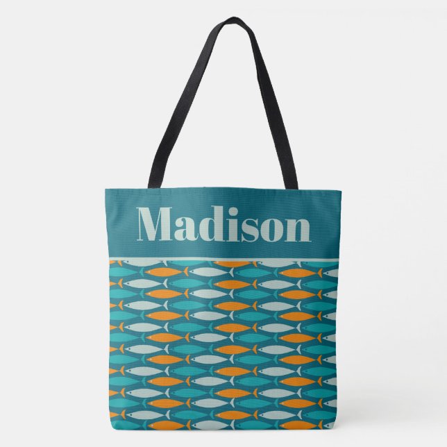 Retro Fish Pattern Turquoise Coastal Personalised Tote Bag (Front)