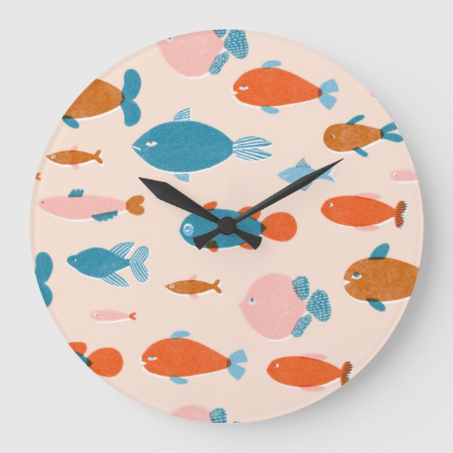 Retro Fish: Risograph Style Pattern Large Clock (Front)