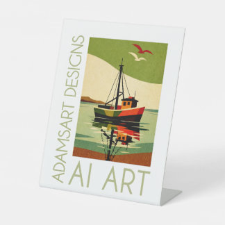 Retro Fishing Boat Reflection Mid-Century Pedestal Sign