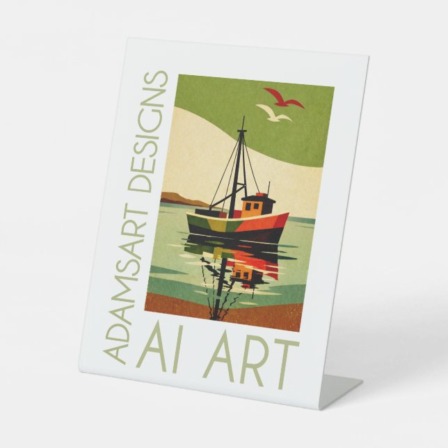 Retro Fishing Boat Reflection Mid-Century Pedestal Sign (Front)