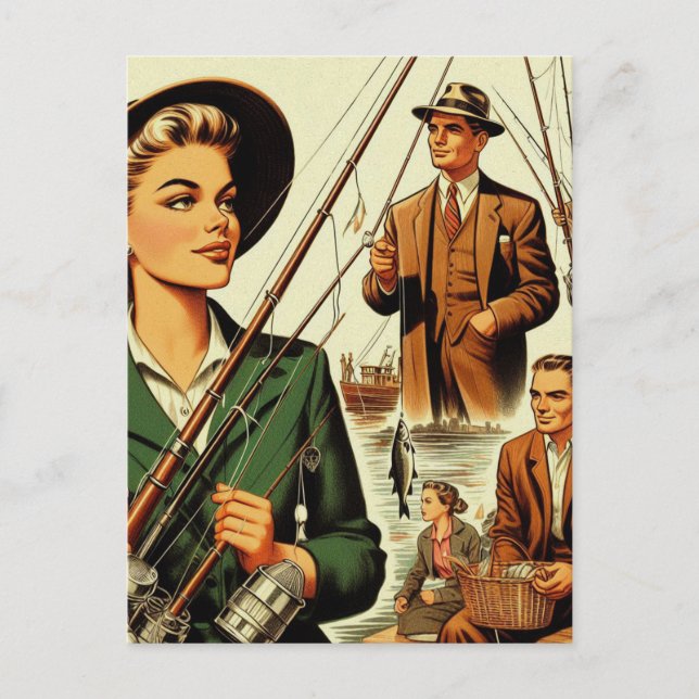 Retro Fishing Illustration Postcard (Front)