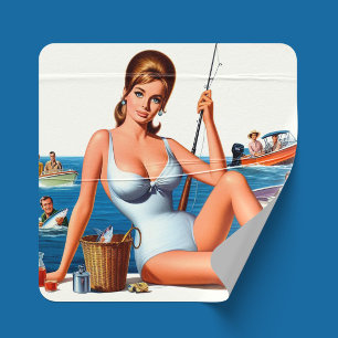 Retro Fishing Pin-up Square Sticker