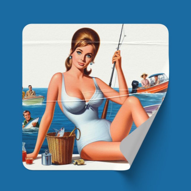 Retro Fishing Pin-up Square Sticker (Creator Uploaded)