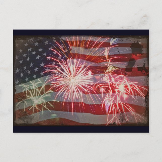 Retro Flag and Fireworks Postcard (Front)