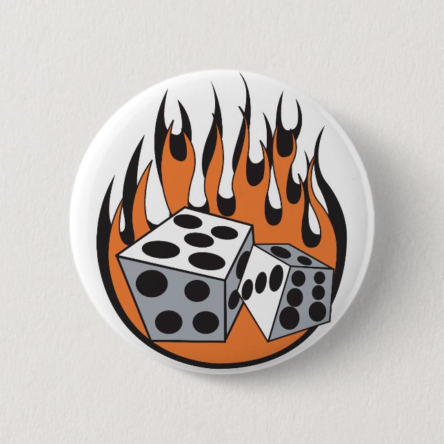 retro flaming dice design 6 cm round badge (Front)