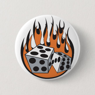 retro flaming dice design 6 cm round badge