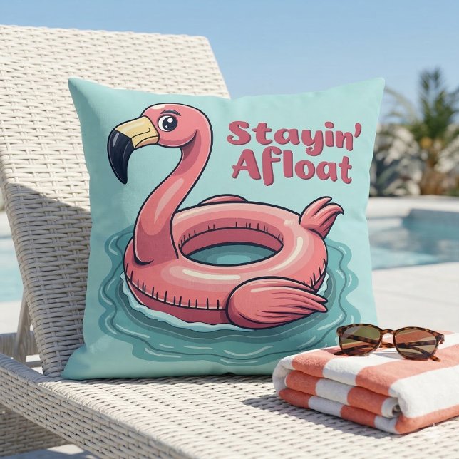 Retro Flamingo Float Funny Summer Cushion (Retro Flamingo Float Funny Summer Throw Pillow On Poolside Chaise)