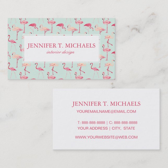 Retro Flamingo Pattern | Monogram Business Card (Front/Back)