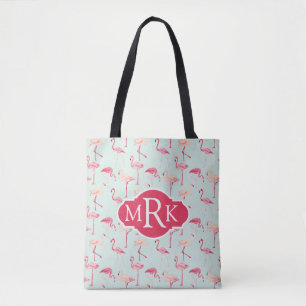 Retro Flamingo Pattern Monogram Tote Bag