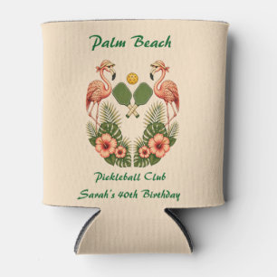 Retro Flamingo Pickleball Birthday Can Cooler
