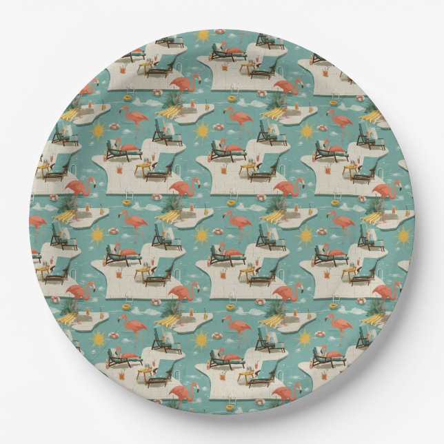 Retro Flamingo Poolside Summer Pattern (11) Paper Plate (Front)