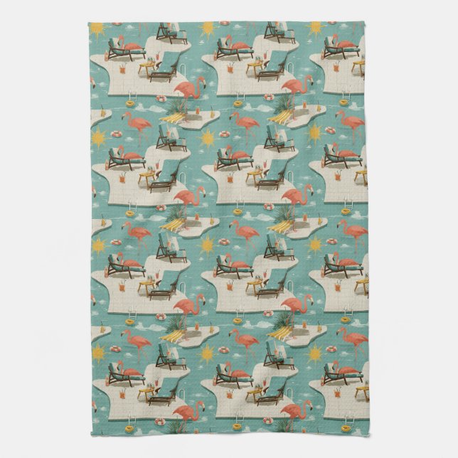 Retro Flamingo Poolside Summer Pattern (11) Tea Towel (Vertical)