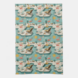 Retro Flamingo Poolside Summer Pattern (1) Tea Towel
