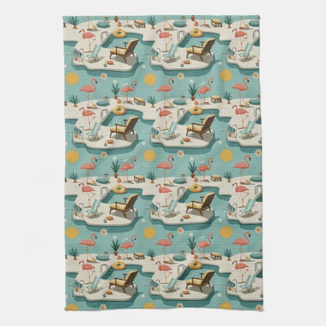 Retro Flamingo Poolside Summer Pattern (1) Tea Towel (Vertical)