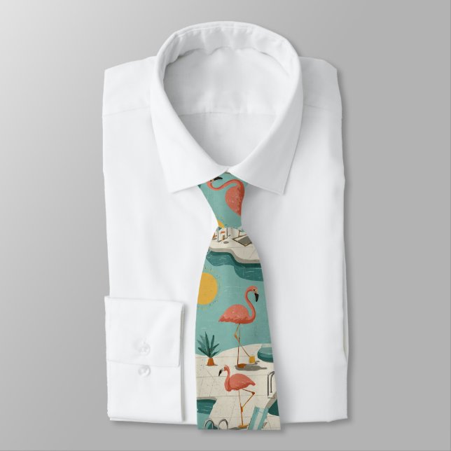 Retro Flamingo Poolside Summer Pattern (1) Tie (Tied)