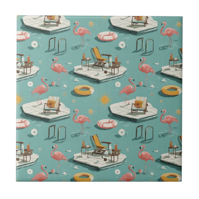 Retro Flamingo Poolside Summer Pattern (1) Tile (Front)