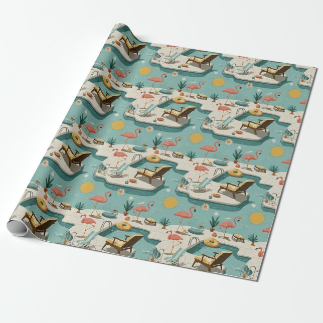 Retro Flamingo Poolside Summer Pattern (1) Wrapping Paper (Unrolled)
