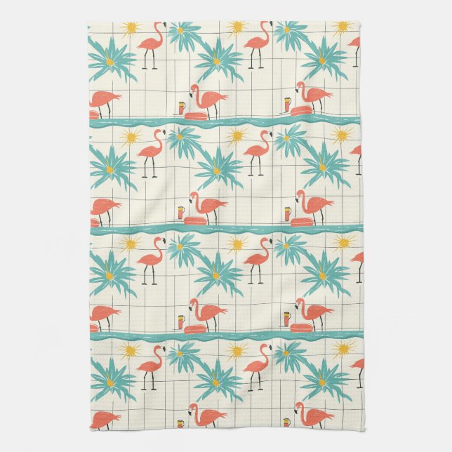 Retro Flamingo Poolside Summer Pattern (2) Tea Towel (Vertical)