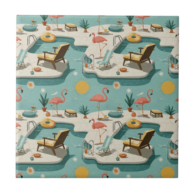 Retro Flamingo Poolside Summer Pattern (2) Tile (Front)