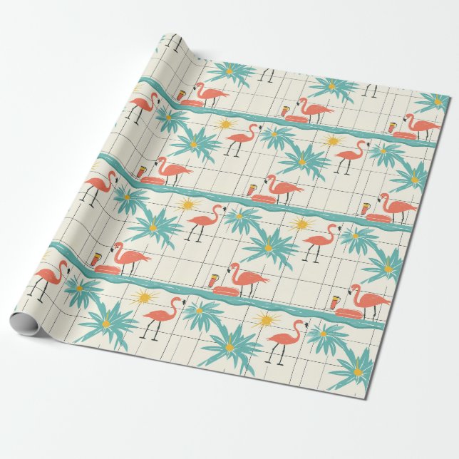 Retro Flamingo Poolside Summer Pattern (2) Wrapping Paper (Unrolled)