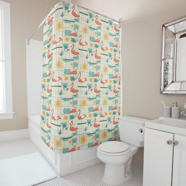 Retro Flamingo Poolside Summer Pattern (3) Shower Curtain (In Situ)