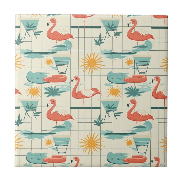 Retro Flamingo Poolside Summer Pattern (3) Tile (Front)
