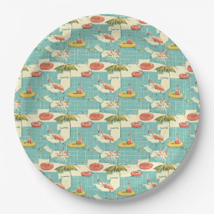 Retro Flamingo Poolside Summer Pattern (4) Paper Plate