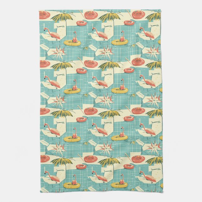 Retro Flamingo Poolside Summer Pattern (4) Tea Towel (Vertical)
