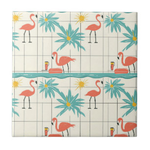 Retro Flamingo Poolside Summer Pattern (4) Tile