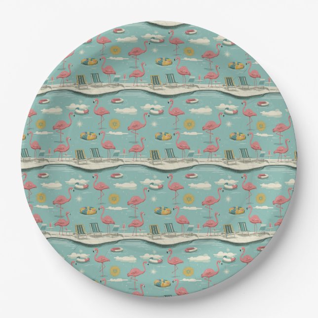 Retro Flamingo Poolside Summer Pattern (5) Paper Plate (Front)