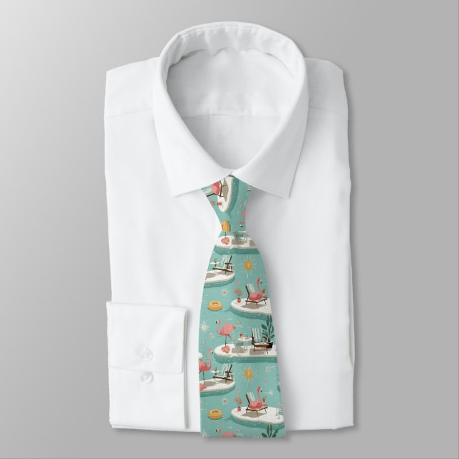 Retro Flamingo Poolside Summer Pattern (5) Tie (Tied)