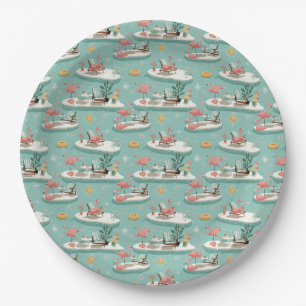 Retro Flamingo Poolside Summer Pattern (6) Paper Plate