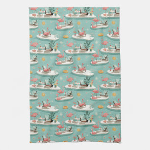 Retro Flamingo Poolside Summer Pattern (6) Tea Towel