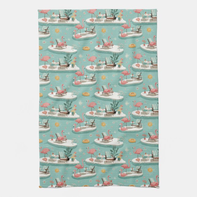 Retro Flamingo Poolside Summer Pattern (6) Tea Towel (Vertical)
