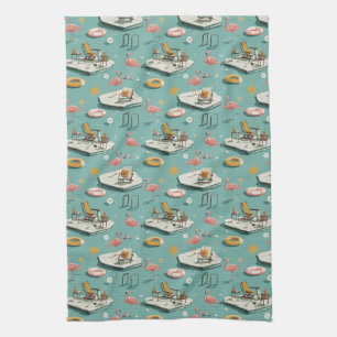 Retro Flamingo Poolside Summer Pattern (8) Tea Towel