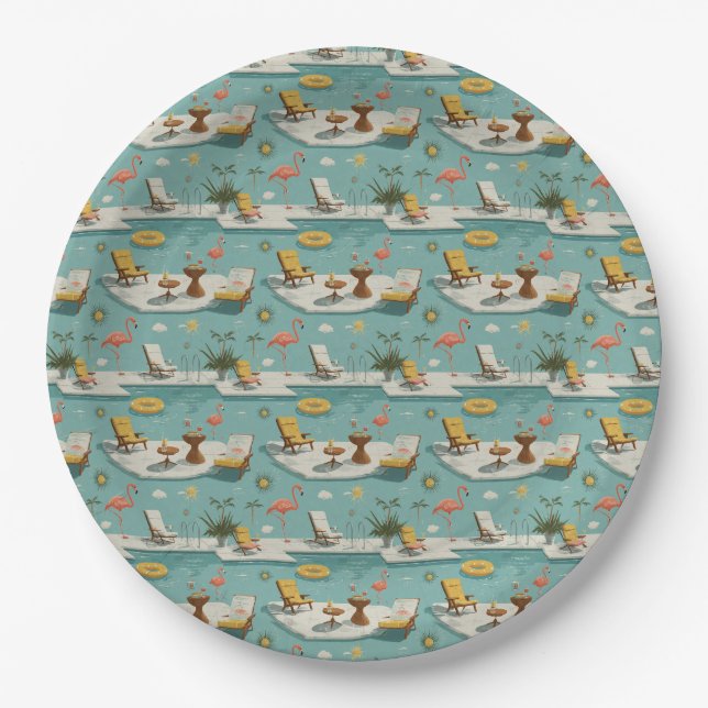 Retro Flamingo Poolside Summer Pattern (9) Paper Plate (Front)