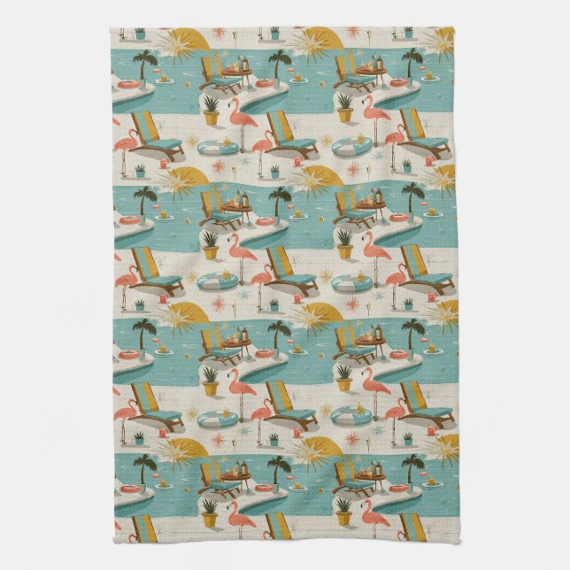 Retro Flamingo Poolside Summer Pattern (9) Tea Towel (Vertical)