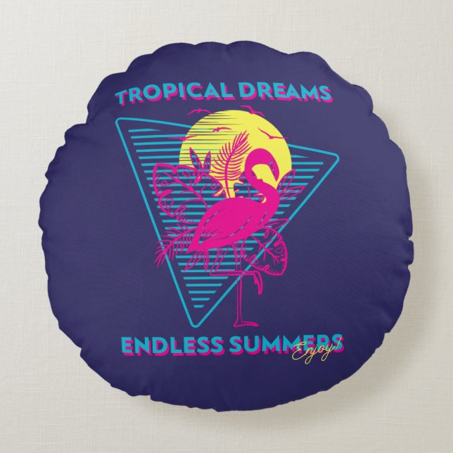 Retro Flamingo Sunset Synthwave Vibes Round Cushion (Front)
