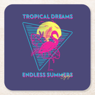 Retro Flamingo Sunset Synthwave Vibes Square Paper Coaster