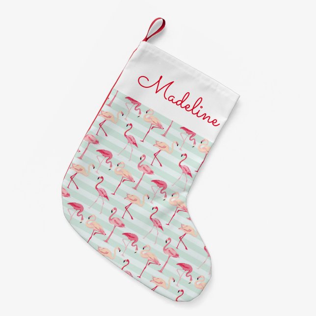 Retro Flamingos On Mint Stripes | Add Your Name Small Christmas Stocking (Front (Hanging))
