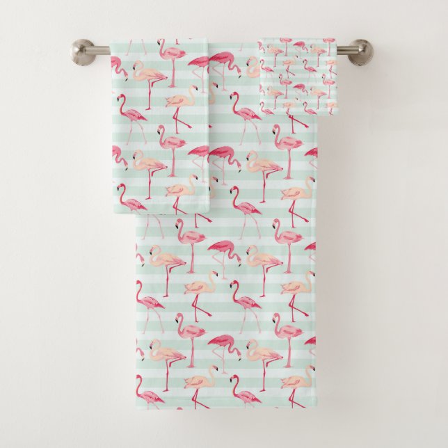 Retro Flamingos On Mint Stripes Bath Towel Set (Insitu)